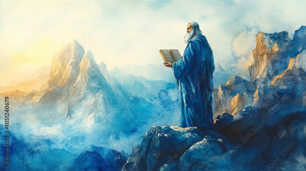 Watercolor painting of Moses on Mount Sinai with holding book Stock ...