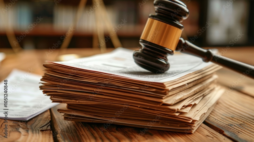 A gavel sitting o top of two stacks of paper, important legal papers A gavel sitting o top of two stacks of paper, important legal papers
