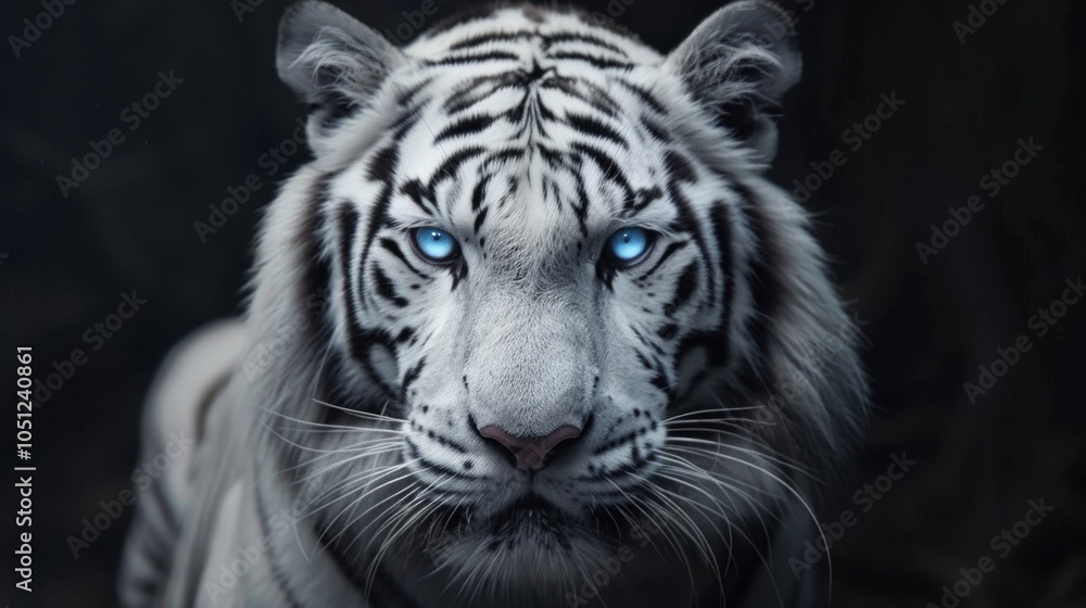 A white tiger with black stripes and piercing blue eyes on a black background. A white tiger with black stripes and piercing blue eyes on a black background.
