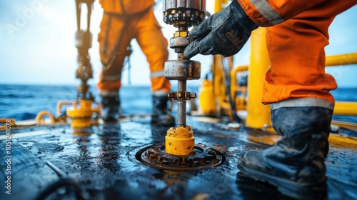 Skilled Oilmen Inspecting Drilling Equipment on Offshore Rig: Focus on Hands, Tools, Gauges, and Rugged Texture Amid Challenging Environment