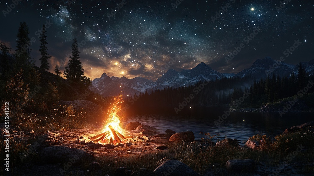 Exploring the wilderness in summer. A glowing camp fire at dusk providing comfort and light to appreciate nature, good times and the night sky full of stars Exploring the wilderness in summer. A glowing camp fire at dusk providing comfort and light to appreciate nature, good times and the night sky full of stars