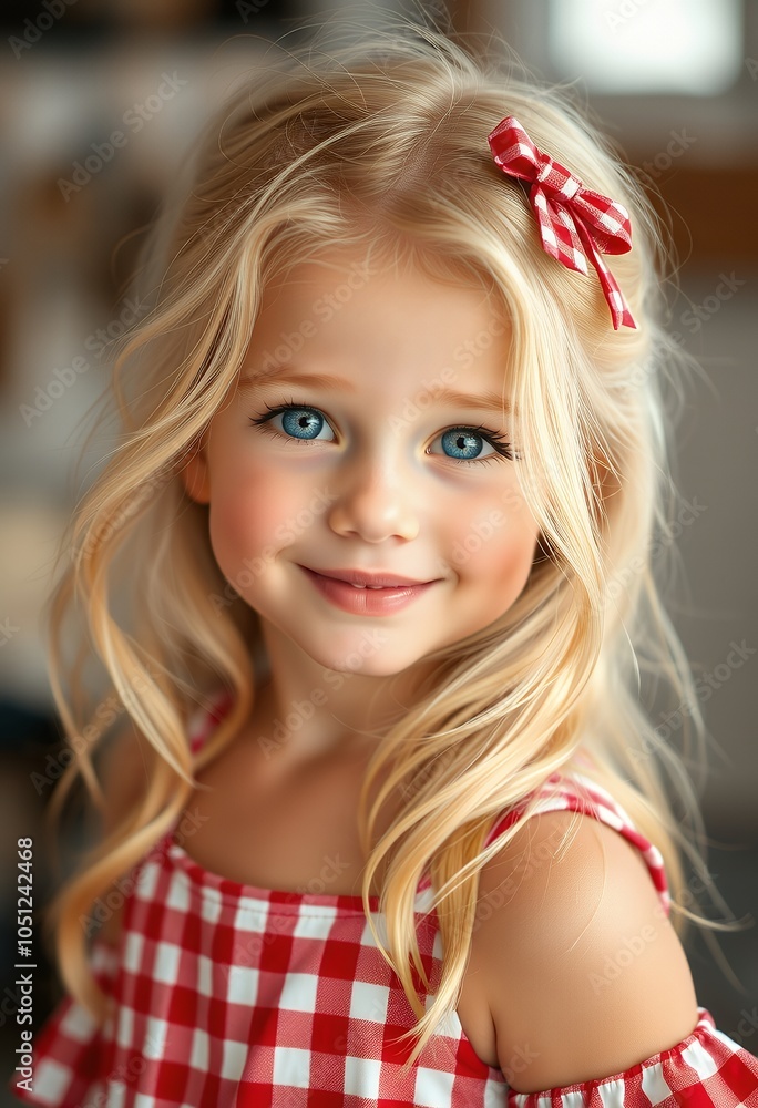 Adorable Little Girl with Blonde Hair and Blue Eyes in Red Gingham Dress Adorable Little Girl with Blonde Hair and Blue Eyes in Red Gingham Dress