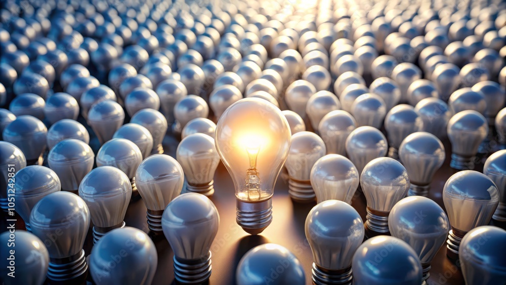 Fototapeta premium Aerial View of Glowing Light Bulb Among White Bulbs Symbolizing Innovative Ideas, Creative Solutions, Inspiration, Bright Ideas, Conceptual Thinking, Unique Perspectives