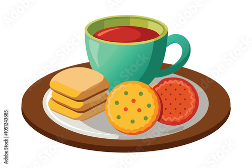 Tea and Biscuits Icon – Cup of Tea with Assorted Biscuits and Shortbread Cookie on Plate.