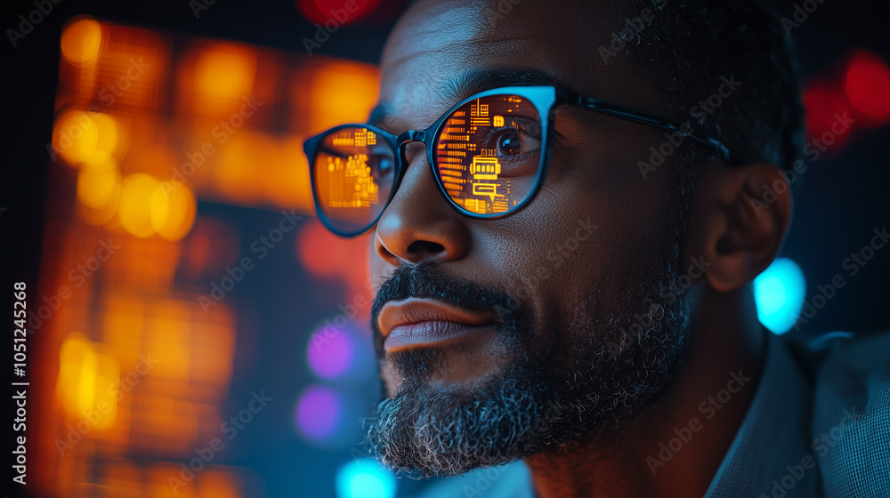 Visionary Focus: A close-up portrait of a focused man with a beard, wearing glasses that reflect the vibrant glow of a digital world, conveying a sense of determination and technological innovation. Visionary Focus: A close-up portrait of a focused man with a beard, wearing glasses that reflect the vibrant glow of a digital world, conveying a sense of determination and technological innovation.