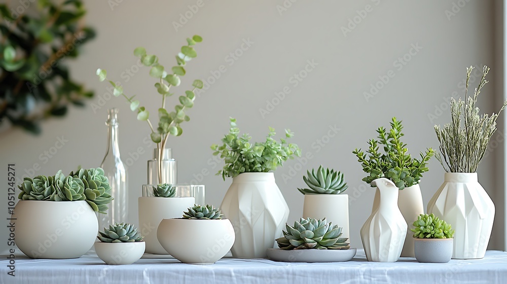Fototapeta premium Elegant arrangements of succulent plants in minimalist vases