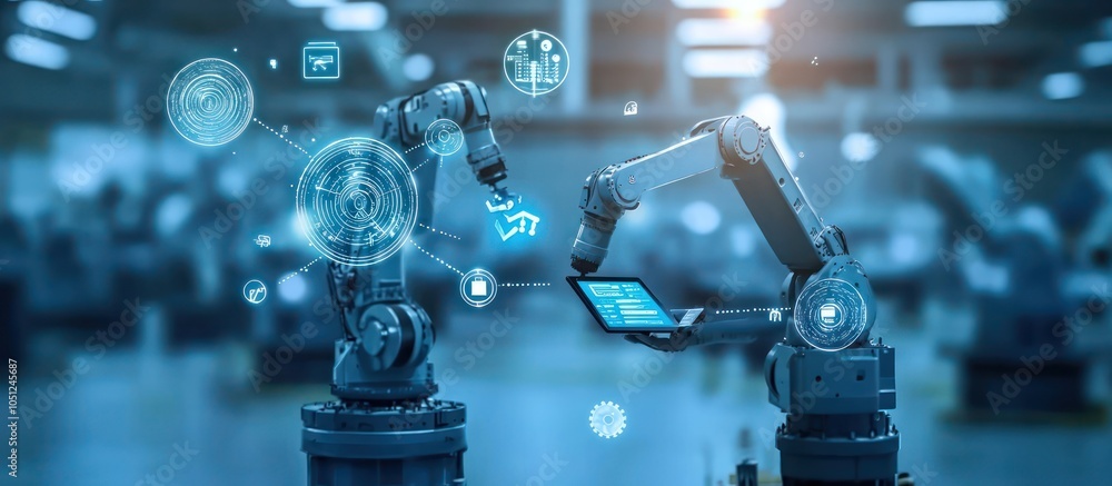 Robotic Arms with Digital Interface in Futuristic Factory Robotic Arms with Digital Interface in Futuristic Factory