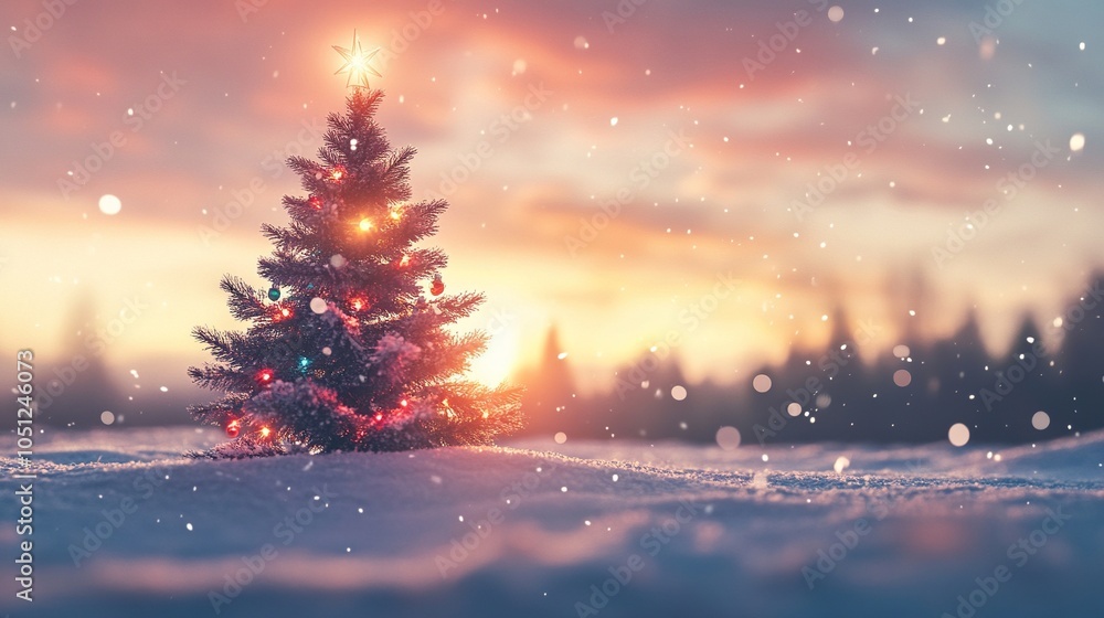 Beautiful Christmas and New Year's background with decorated Christmas tree in fluffy snowdrifts Beautiful Christmas and New Year's background with decorated Christmas tree in fluffy snowdrifts