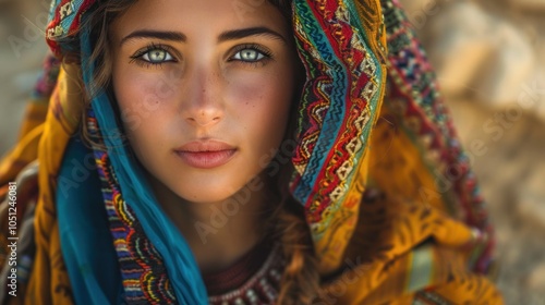 Portrait of a beautiful woman with beautiful eyes wearing a woven cloth on her head.