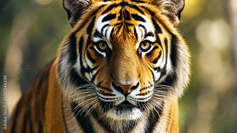 A close-up of a majestic tiger showcasing its striking features and intense gaze. A close-up of a majestic tiger showcasing its striking features and intense gaze.