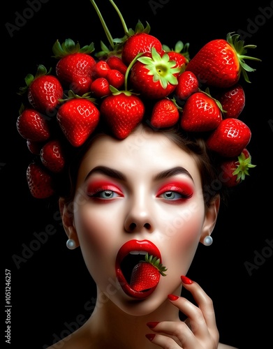 cute girl costume with flirtatious look and delicious strawberries on Halloween photo