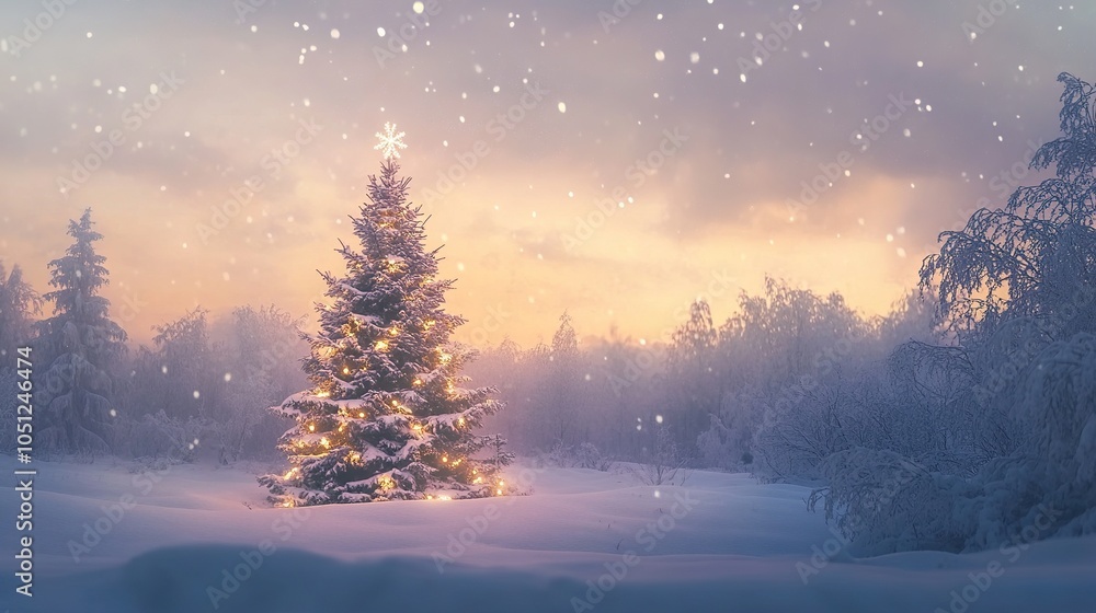 Beautiful Christmas and New Year's background with decorated Christmas tree in fluffy snowdrifts Beautiful Christmas and New Year's background with decorated Christmas tree in fluffy snowdrifts