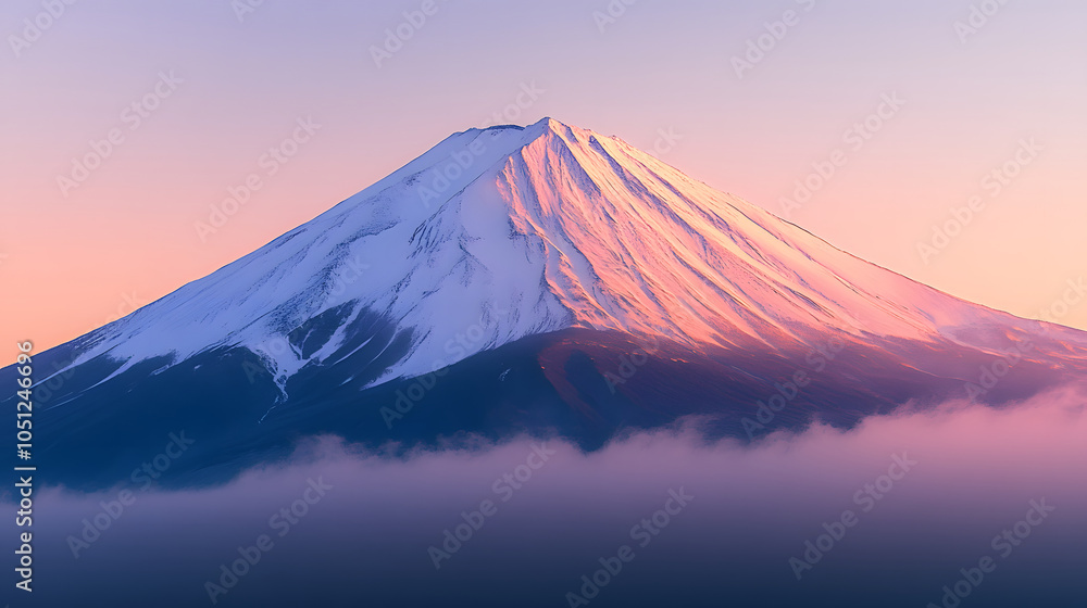 Fototapeta premium Stunning image of Mount Fuji with snow-capped peak and colorful sunset sky, surrounded by soft clouds.