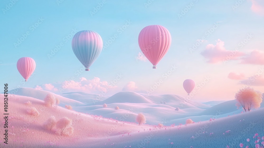 Fototapeta premium Pastel Hot Air Balloons Floating in Soft Sky