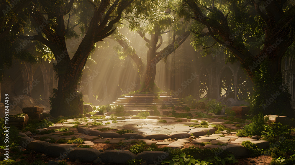 Obraz premium A beautiful waterfall cascades through a lush green forest, flowing over rocks and stones into a serene river, creating a scenic and natural landscape