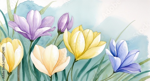Wallpaper Mural Delicate petals of pale yellow, soft lilac, and sky blue intertwine with soft brushstrokes, forming a serene garden scene on a light watercolor canvas Torontodigital.ca