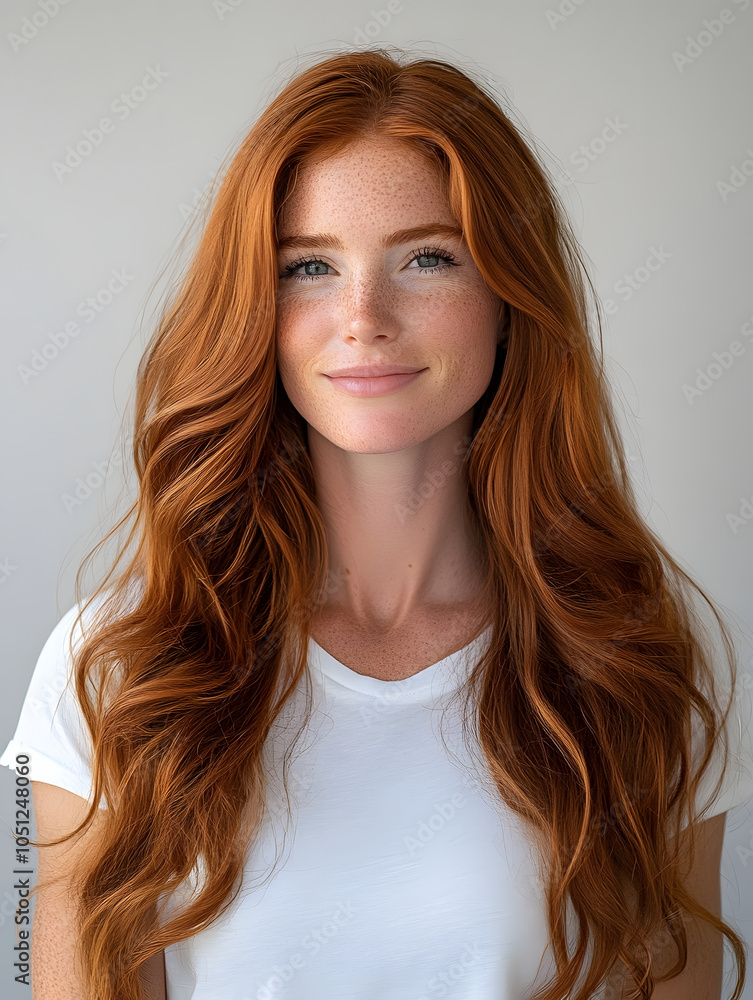 A beautiful young woman smiles confidently, showcasing her long, flowing red hair and natural freckles against a neutral background. A beautiful young woman smiles confidently, showcasing her long, flowing red hair and natural freckles against a neutral background.
