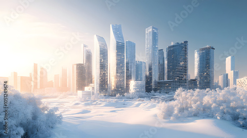 A stunning winter cityscape showcasing innovative skyscrapers against a snowy backdrop, illuminated by the soft morning light.
