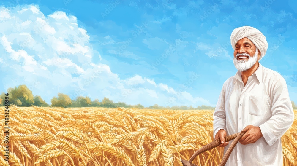 Elderly farmer smiling in a golden wheat field under a bright blue sky. Elderly farmer smiling in a golden wheat field under a bright blue sky.