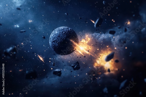 Explosive cosmic scene with a planet surrounded by asteroid debris in deep space. photo