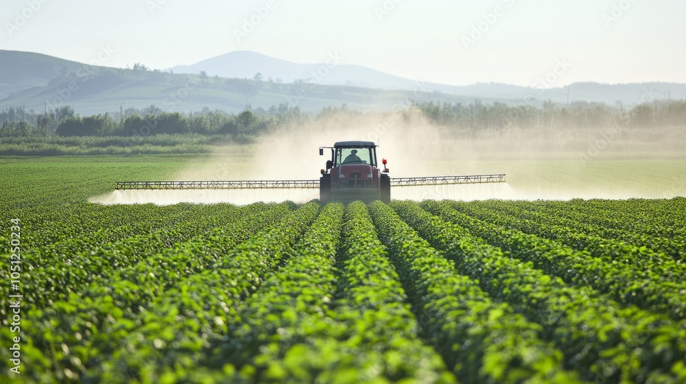 Tractor spraying pesticides on lush green soybean field during golden hour in rural countryside, highlighting sustainable farming practices and crop protection in agriculture industry
Tractor spraying pesticides on lush green soybean field during golden hour in rural countryside, highlighting sustainable farming practices and crop protection in agriculture industry