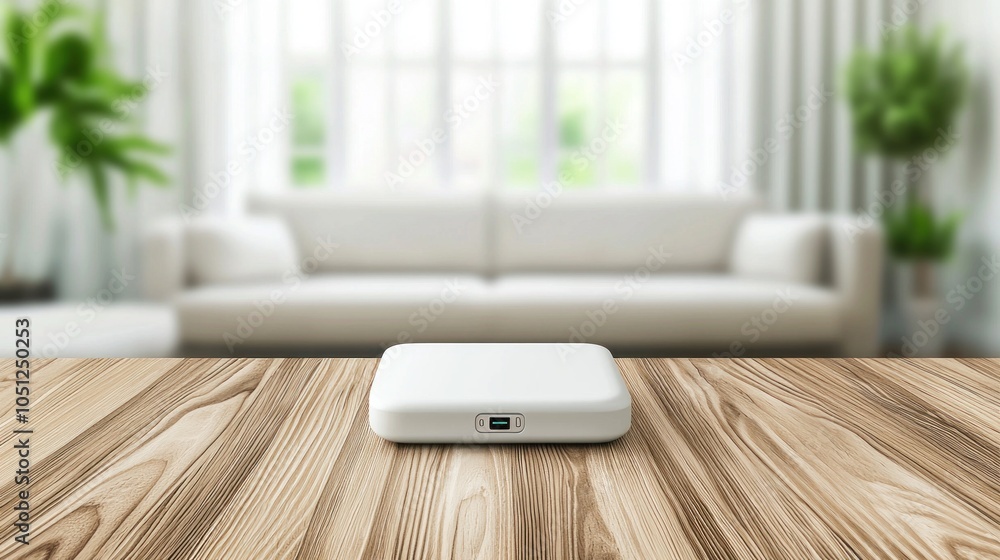 Fototapeta premium Elegant blank mockup showcase of a sleek smart home hub device on a wooden table with natural light setting