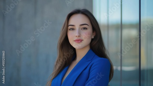 A confident Caucasian woman in a stylish blue outfit poses against a modern office backdrop, radiating professionalism and charisma for advertising purposes. Free Download A confident Caucasian woman in a stylish blue outfit poses against a modern office backdrop, radiating professionalism and charisma for advertising purposes. - GFXLoad