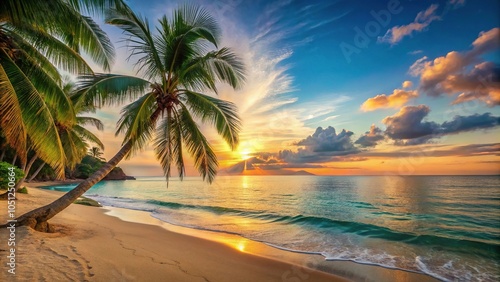 Sandy beach at sunset with palm trees and calm turquoise water, sunset, turquoise, beach