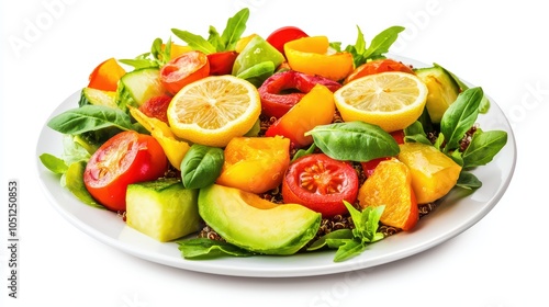 Fresh vegetable salad with basil, tomatoes, peppers, and lemon slices on a white plate.