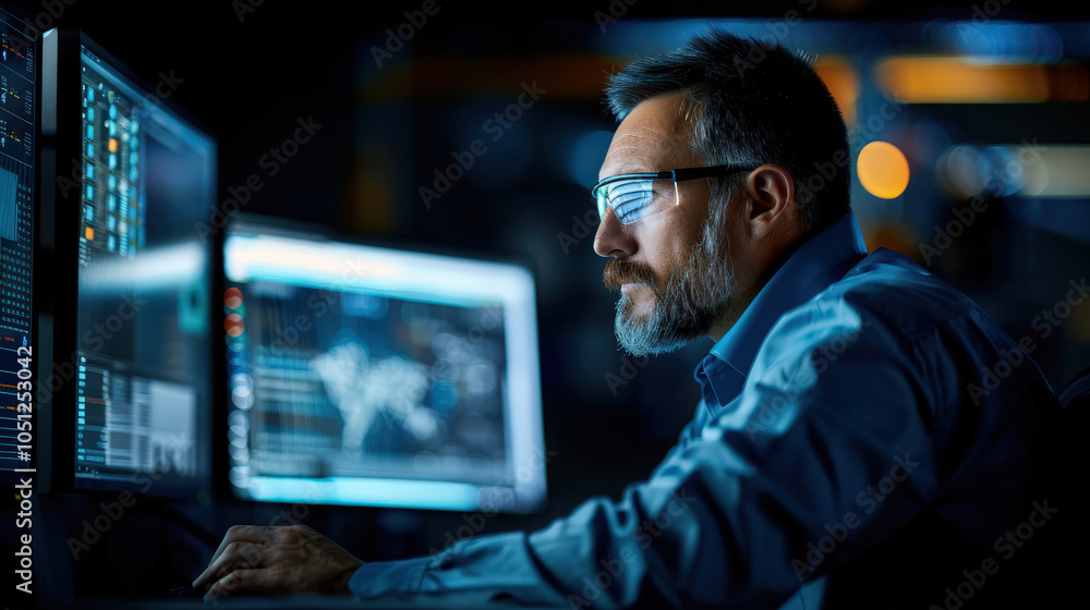 focused engineer analyzes data on multiple computer screens in dimly lit control room, showcasing advanced technology and expertise focused engineer analyzes data on multiple computer screens in dimly lit control room, showcasing advanced technology and expertise