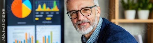 Portrait of a senior businessman smiling in front of charts, showcasing professionalism and analytical skills in an office setting.