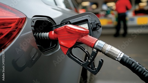 Close-up of gas nozzle inserted in gray vehicle, man blurred in back at fuel station.