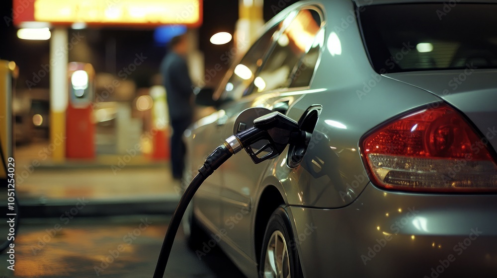 Close-up of gray metallic car refueling at gas station, nozzle inserted into the fuel tank, with blurred man in background. Close-up of gray metallic car refueling at gas station, nozzle inserted into the fuel tank, with blurred man in background.