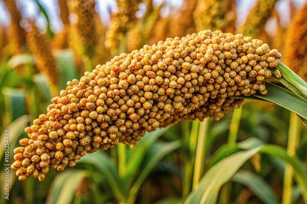 Fototapeta premium Stem of proso millet plant with ripe seeds and groats