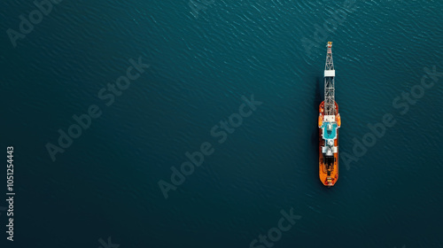 Aerial view of offshore drilling ship in ocean, showcasing its vibrant orange and white colors against deep blue water. ship is equipped with advanced technology for exploration