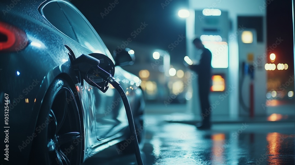 Modern gray car refuels at gas station, nozzle in sharp focus, blurred man checking phone in background. Modern gray car refuels at gas station, nozzle in sharp focus, blurred man checking phone in background.
