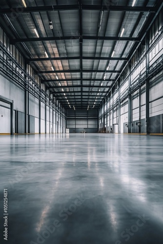 Wide angle view of an empty industrial factory space with yellow lines on the floor and pipes hanging from the ceiling