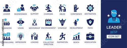 Leader best solid icon set collection. Support, destination, encouragement, path, impression, association, etc. and vector illustration.