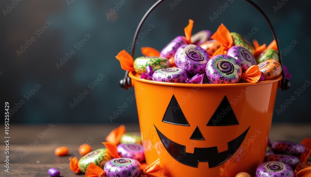 Fototapeta premium A spooky Halloween bucket overflowing with sweet wrappers, lollipops, and assorted candies ready for trick-or-treaters to enjoy