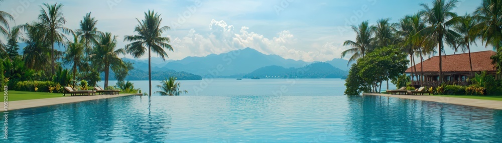 Stunning infinity pool, surrounded by palm trees, overlooking serene lake and mountains, under a clear blue sky. Stunning infinity pool, surrounded by palm trees, overlooking serene lake and mountains, under a clear blue sky.