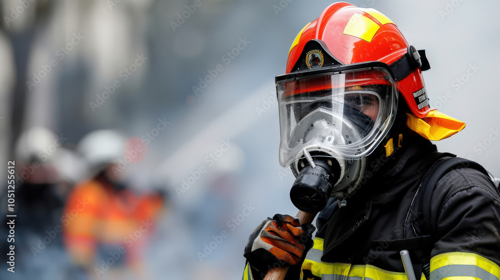 Obraz premium firefighter in protective gear stands ready amidst smoke, holding axe. scene is intense, highlighting bravery and dedication required in emergency situations