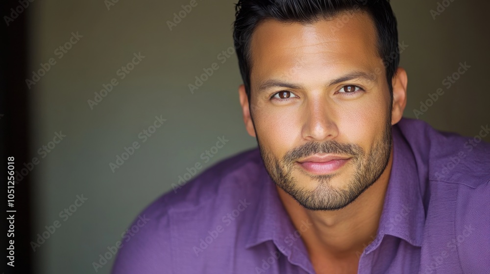 Obraz premium A model portrait of a confident Hispanic man in a purple shirt, radiating style and professionalism in a minimalistic setting, ideal for marketing.
