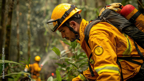 firefighter in yellow gear inspects forest area for hot spots after successful operation. scene is set in dense, green forest, highlighting firefighters focus and dedication