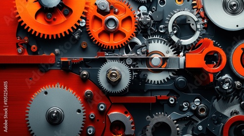 Wallpaper Mural Precision Engineering: Detailed Close-Up of Metallic Gears and Cogs on Dark Red Background Torontodigital.ca
