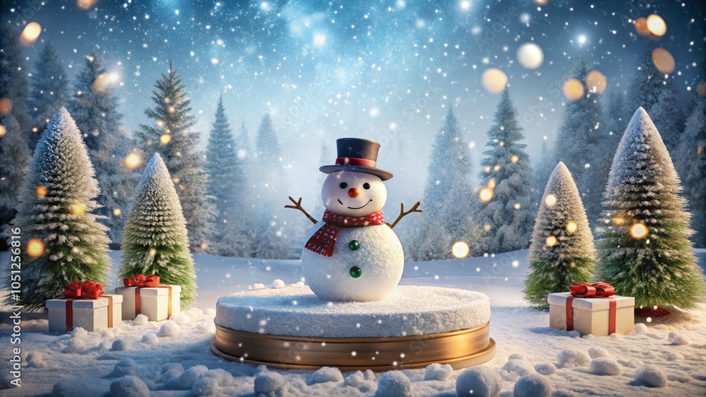Obraz premium Christmas Snowman Product Display Podium in Winter Wonderland, Xmas Product Stand for Seasonal Marketing, Festive Scenery with Snowman, Holiday Presentation Space