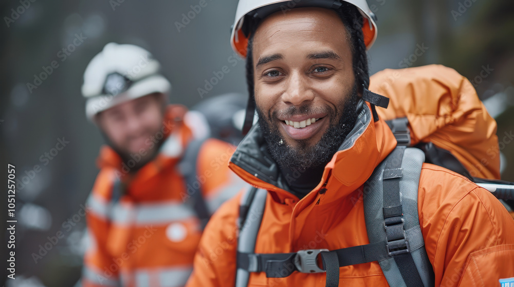 Two firefighters in orange uniforms and helmets are smiling in forest setting, suggesting teamwork and camaraderie during rescue operation. background is slightly blurred, focusing on their Two firefighters in orange uniforms and helmets are smiling in forest setting, suggesting teamwork and camaraderie during rescue operation. background is slightly blurred, focusing on their