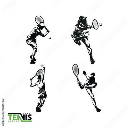 Vector image of a black and white illustration of a female tennis player set