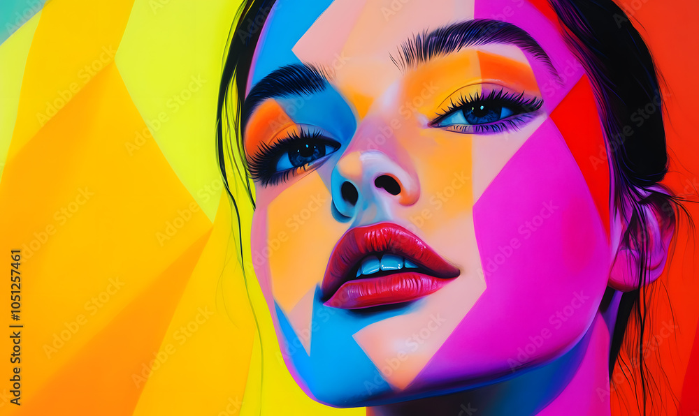 Fototapeta premium Modern Beauty Concepts: Women in Dynamic Urban and Natural Environments, Featuring Bold Geometric Designs and Retro Album Cover Inspirations