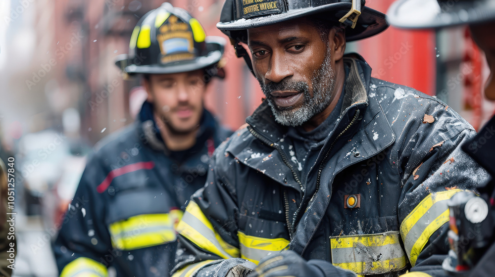 Two firefighters in protective gear stand in snowy urban setting, focused and determined. Their uniforms are marked with soot, highlighting their dedication and bravery Two firefighters in protective gear stand in snowy urban setting, focused and determined. Their uniforms are marked with soot, highlighting their dedication and bravery