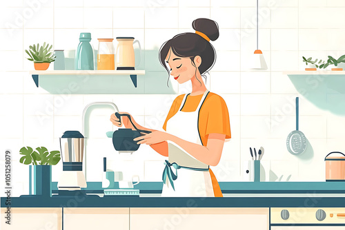 Illustration of a woman cooking in a serene kitchen with morning.